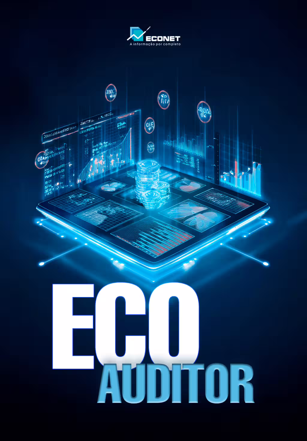 Um display digital em tons de azul exibe gráficos e tabelas financeiras, destacando o nome "ECO Auditor", sugerindo uma ferramenta de auditoria financeira e análise de dados.