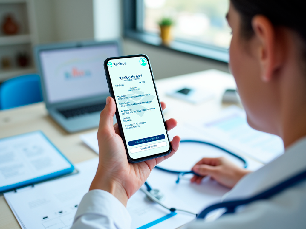 Profissional de saúde emitindo recibos digitais pelo Receita Saúde, conforme a regulamentação da RFB.