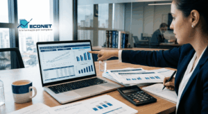 Executiva analisa dados de negócios em gráficos de barras e linha em um laptop durante reunião de trabalho executiva no escritório.