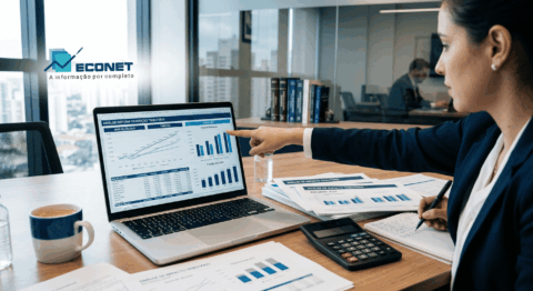 Executiva analisa dados de negócios em gráficos de barras e linha em um laptop durante reunião de trabalho executiva no escritório.