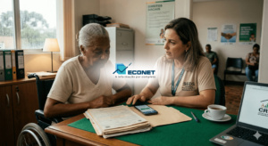 Profissional de assistência social auxiliando idosa com documentos em escritório, promovendo inclusão social e acesso a direitos sociais.