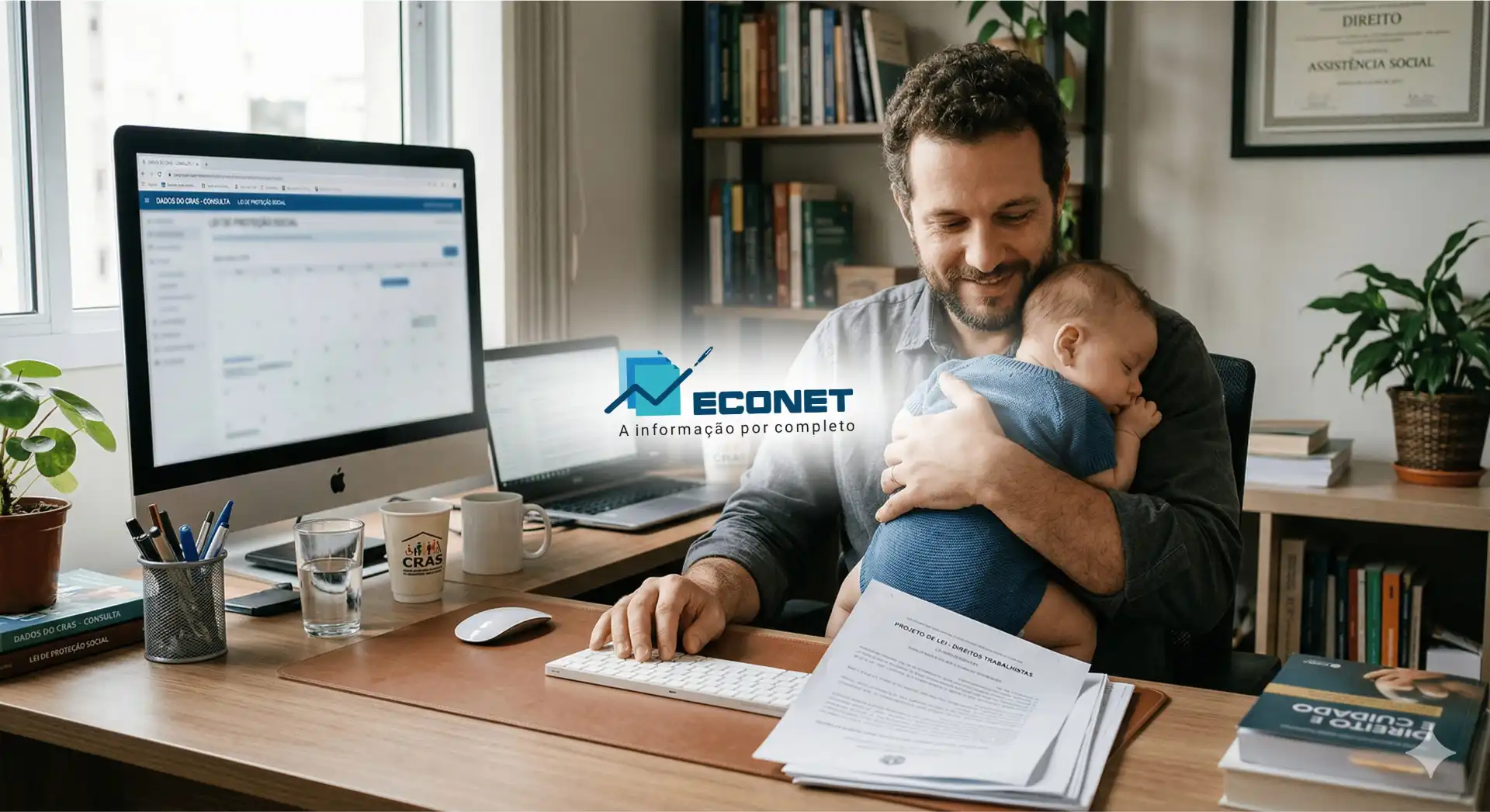 Homem trabalhando em home office com bebê no colo, ao lado de um computador, livros e itens de escritório, promovendo equilíbrio entre trabalho e família.