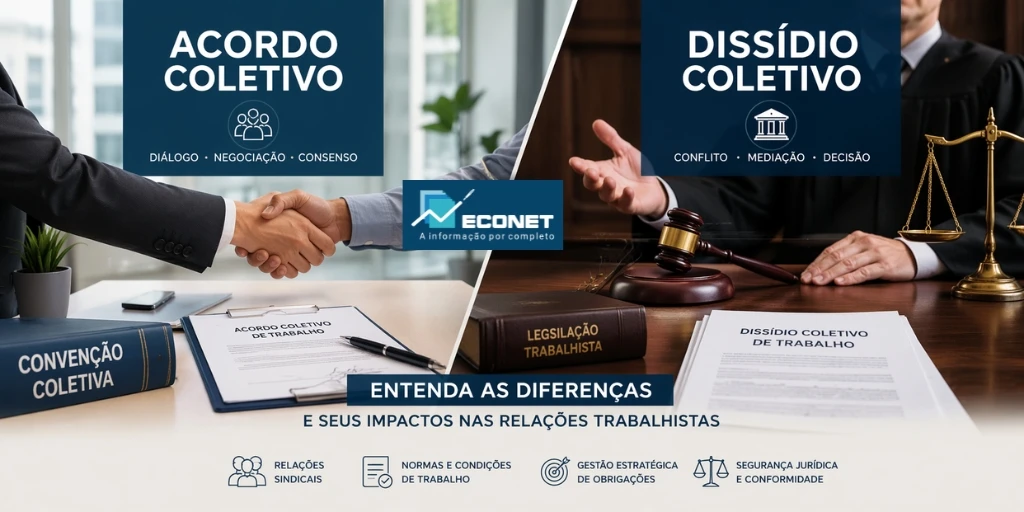 Imagem comparando acordo coletivo e dissídio coletivo, destacando diferenças e impactos nas relações trabalhistas, com elementos como documentos, balança da justiça e gavel.
