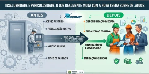 Infográfico comparando as mudanças na fiscalização de áudio antes e depois da nova regra, destacando a transparência, governança e mitigação de riscos. Ilustração de profissionais e tecnologia.