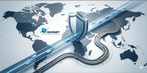 Imagem ilustrativa de proteção de dados e segurança na internet, com um escudo no centro e mapas mundiais ao fundo, representando segurança digital global.