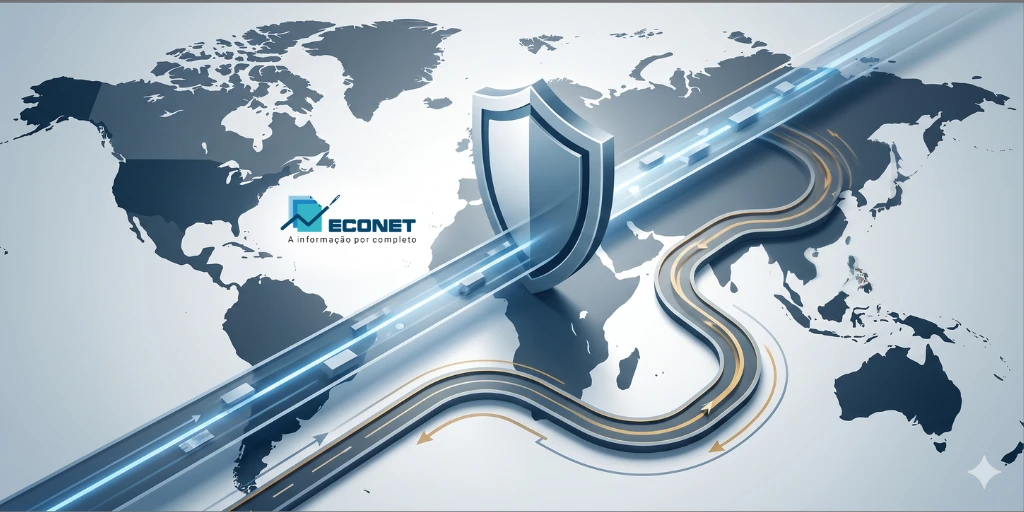 Imagem ilustrativa de proteção de dados e segurança na internet, com um escudo no centro e mapas mundiais ao fundo, representando segurança digital global.